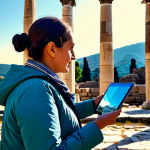 A professional woman, fully clothed in a modest, contemporary outdoor jacket and trousers, stands respectfully amidst the ancient ruins of Ephesus, Turkey. She holds a sleek tablet, through which a vivid augmented reality overlay projects the ancient city's restored columns and citizens, creating a seamless blend of past and present. The sun casts warm light over the weathered stone structures and digital projections. The scene emphasizes innovation in cultural heritage exploration, safe for work, appropriate content, fully clothed, perfect anatomy, natural proportions, well-formed hands, proper finger count, professional photography, high quality, family-friendly.