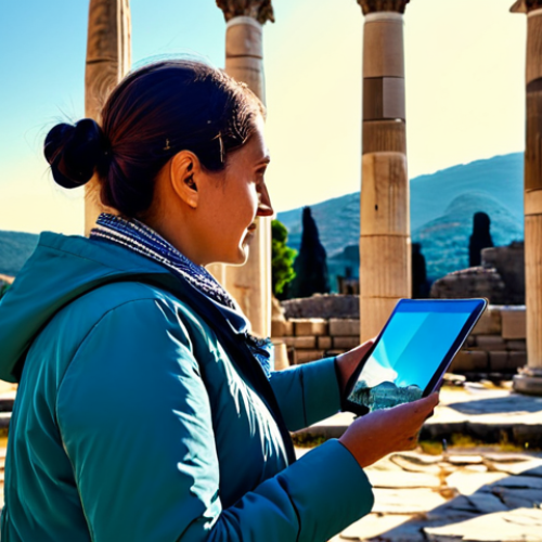 A professional woman, fully clothed in a modest, contemporary outdoor jacket and trousers, stands respectfully amidst the ancient ruins of Ephesus, Turkey. She holds a sleek tablet, through which a vivid augmented reality overlay projects the ancient city's restored columns and citizens, creating a seamless blend of past and present. The sun casts warm light over the weathered stone structures and digital projections. The scene emphasizes innovation in cultural heritage exploration, safe for work, appropriate content, fully clothed, perfect anatomy, natural proportions, well-formed hands, proper finger count, professional photography, high quality, family-friendly.
