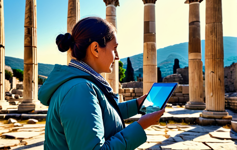 A professional woman, fully clothed in a modest, contemporary outdoor jacket and trousers, stands respectfully amidst the ancient ruins of Ephesus, Turkey. She holds a sleek tablet, through which a vivid augmented reality overlay projects the ancient city's restored columns and citizens, creating a seamless blend of past and present. The sun casts warm light over the weathered stone structures and digital projections. The scene emphasizes innovation in cultural heritage exploration, safe for work, appropriate content, fully clothed, perfect anatomy, natural proportions, well-formed hands, proper finger count, professional photography, high quality, family-friendly.