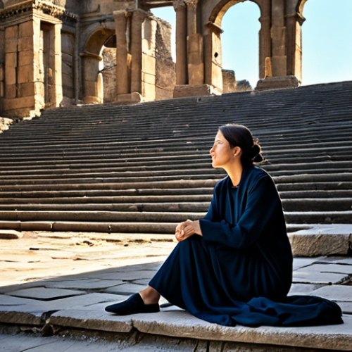 Journey into Ancient Echoes**
A thoughtful female traveler in modest, professional travel attire, fully clothed, sitting peacefully on the ancient stone steps of a grand, ruined amphitheater. The scene is sun-drenched, with dust motes dancing in the air, emphasizing the historical depth. Surrounding her are remnants of aged stone structures, evoking a sense of timelessness and contemplation. The atmosphere is serene, with perfect anatomy, correct proportions, and a natural pose for the subject. Well-formed hands are gently resting. Professional photography, cinematic lighting, high detail, realistic, safe for work, appropriate content, family-friendly.

**
