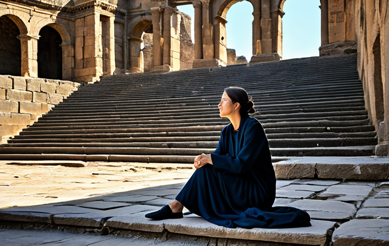 Journey into Ancient Echoes**
A thoughtful female traveler in modest, professional travel attire, fully clothed, sitting peacefully on the ancient stone steps of a grand, ruined amphitheater. The scene is sun-drenched, with dust motes dancing in the air, emphasizing the historical depth. Surrounding her are remnants of aged stone structures, evoking a sense of timelessness and contemplation. The atmosphere is serene, with perfect anatomy, correct proportions, and a natural pose for the subject. Well-formed hands are gently resting. Professional photography, cinematic lighting, high detail, realistic, safe for work, appropriate content, family-friendly.

**